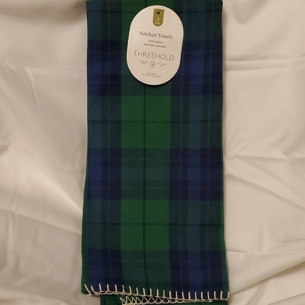 NWT Threshold Kitchen Towels - 100% Cotton - Green; Blue & Green Plaid